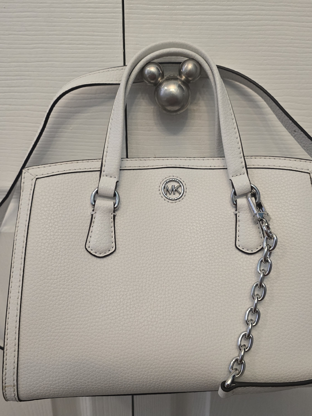 Michael Kors Cream Pebbled Leather Satchel with Silver Chain